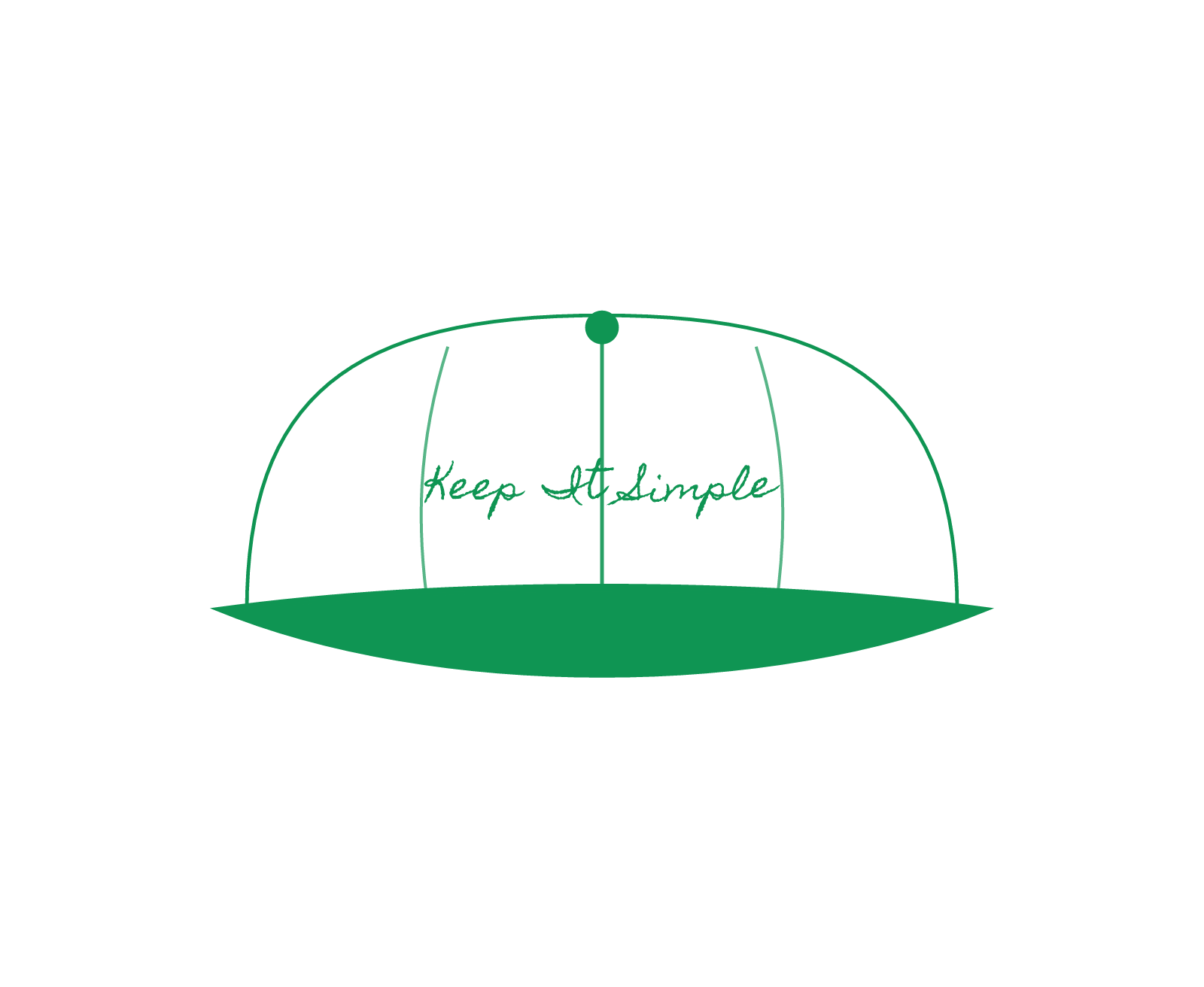 White trucker hat with green brim and Keep It Simple script